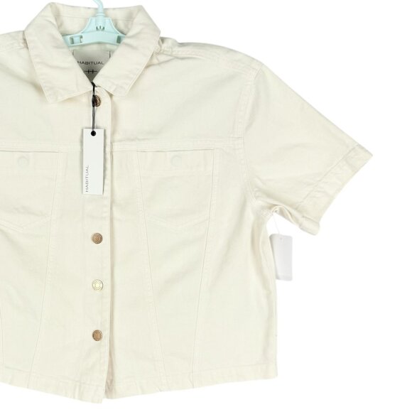 NWT Habitual Women's Short Sleeve Cotton Button-Up Ecru Crop Shirt Jacket Size M - Picture 3 of 10